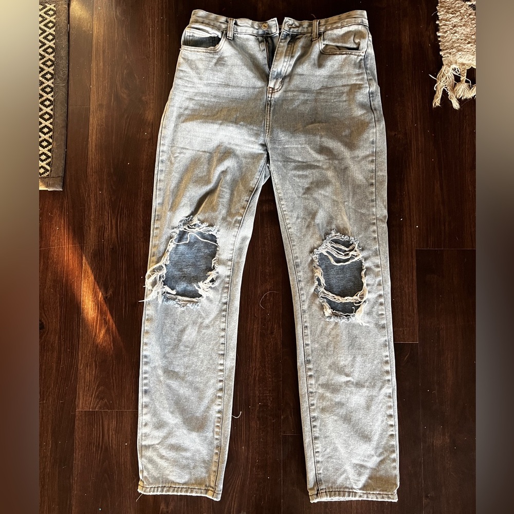 JEAN RIPPED LONG HIGH WASTED SIZE UK 12 EU 40 MOMOKRON